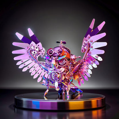 The Curious Mind Steampunk Owl 3D metal model kit with intricate gears, polished metal finish, and iridescent wings.