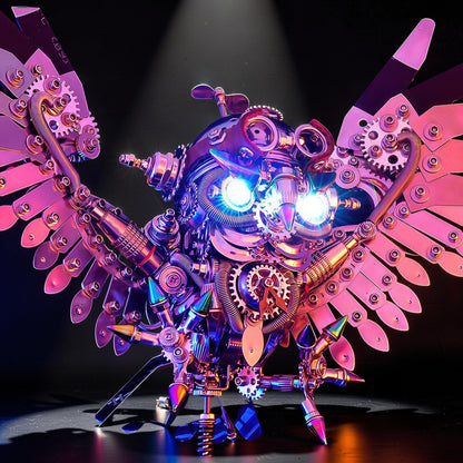 The Curious Mind Steampunk Owl 3D metal model kit with glowing blue eyes and intricate gears.