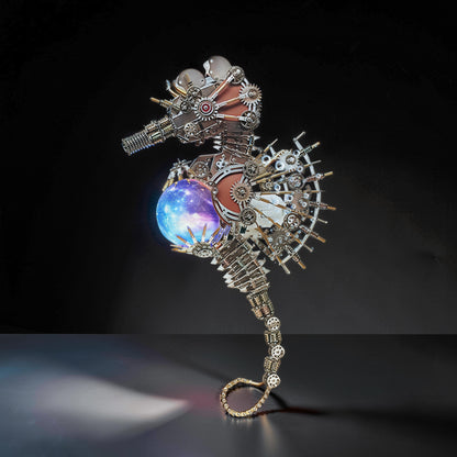 The Curious Mind Steampunk Seahorse with Lantern Light 3D metal model kit, intricate gears, metallic finish, galaxy-effect illuminated orb.