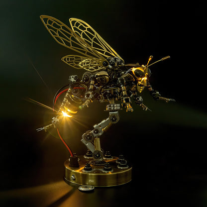 The Curious Mind Wasp with Voice-Activated Light, a steampunk metal model kit with intricate gears, brass wings, and illuminated eyes.