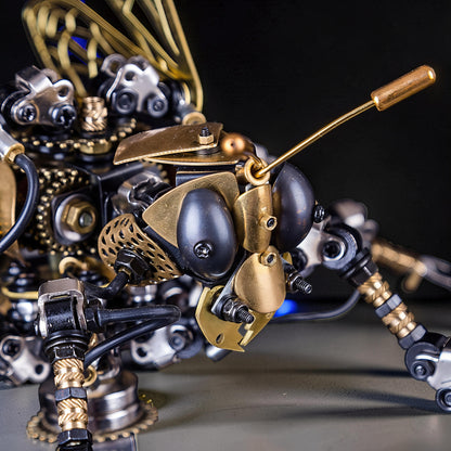 The Curious Mind Wasp with Voice-Activated Light, a steampunk metal model kit with intricate gears, black and gold accents, and detailed mechanical wings.