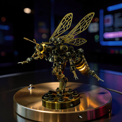 The Curious Mind voice-activated light-up 3D metal model kit of a steampunk wasp with intricate gears and golden wings.