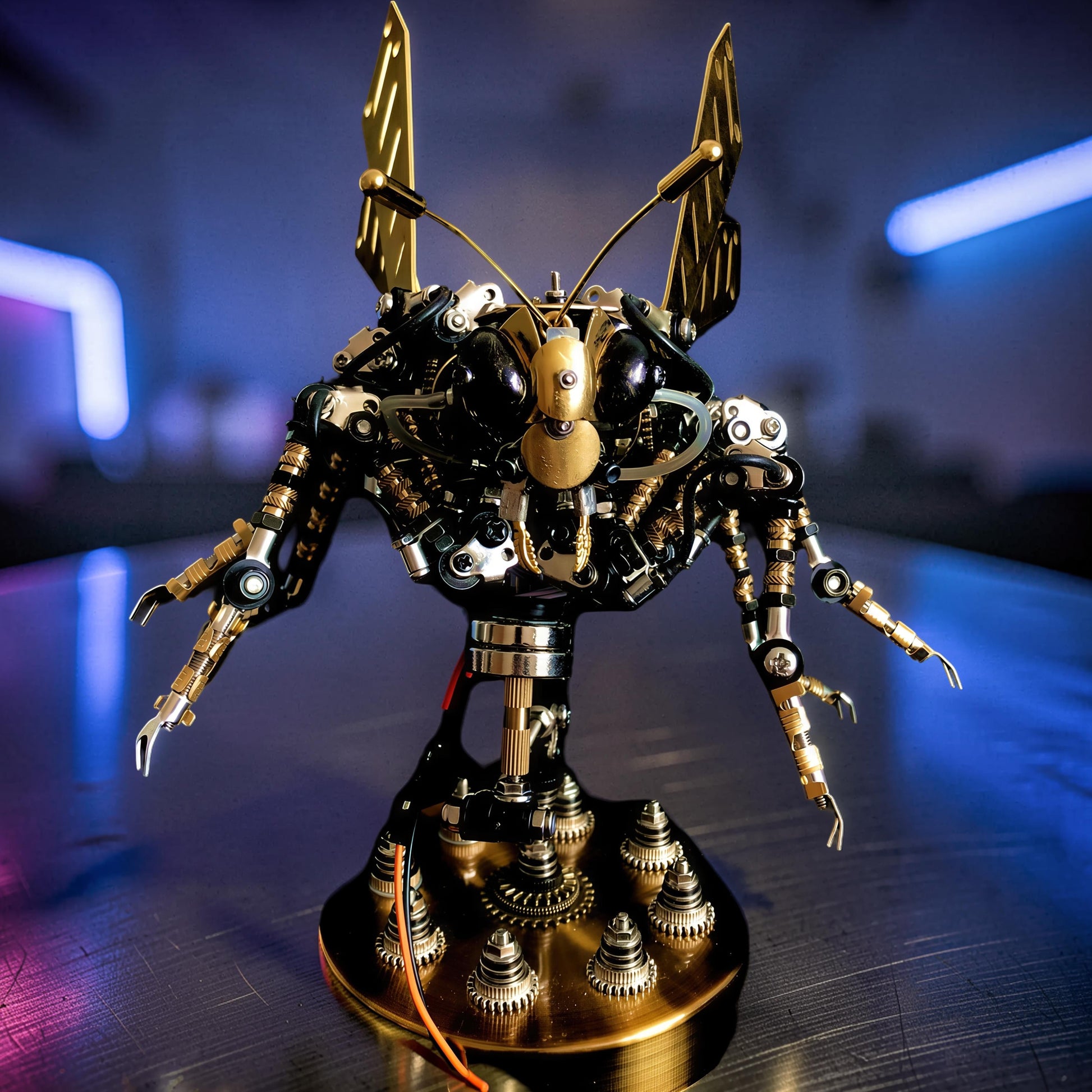 The Curious Mind Wasp with Voice-Activated Light 3D metal model kit, intricate steampunk design with gold and black metal components.