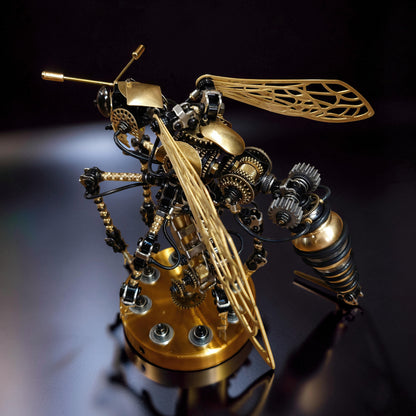 The Curious Mind Wasp with Voice-Activated Light, a steampunk metal model kit with intricate gears and gold accents.
