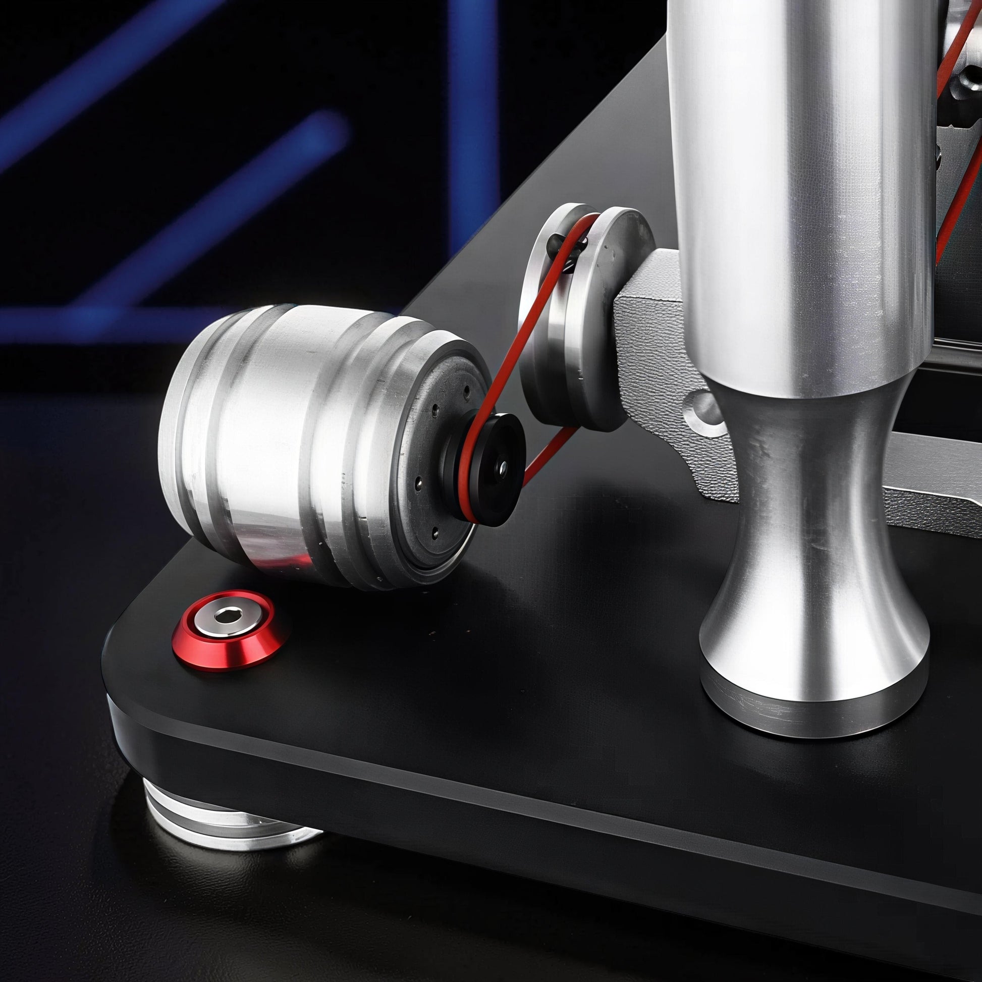 The Curious Mind Stirling Engine V4 Display Model, a metal mechanical model with a red belt and silver components on a black base.
