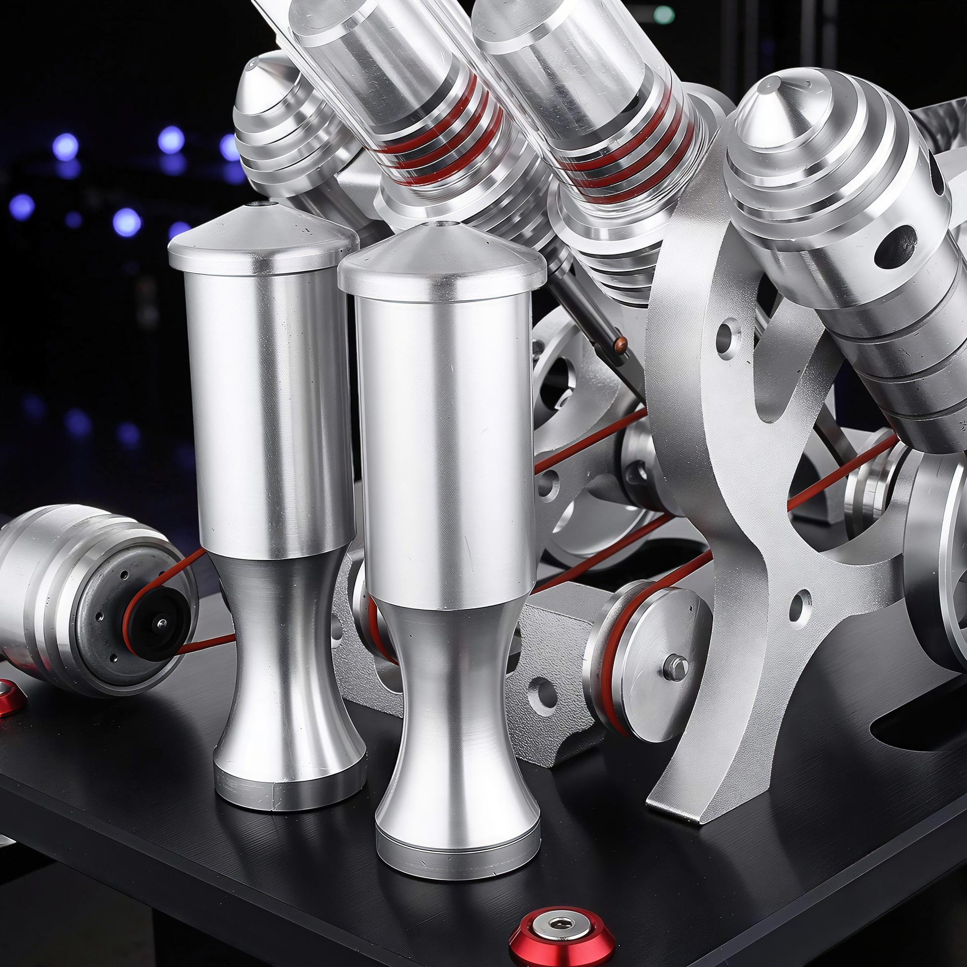 The Curious Mind Stirling Engine V4 Display Model, a metal mechanical model with red accents and intricate moving parts, ideal for desktop display and engineering enthusiasts.