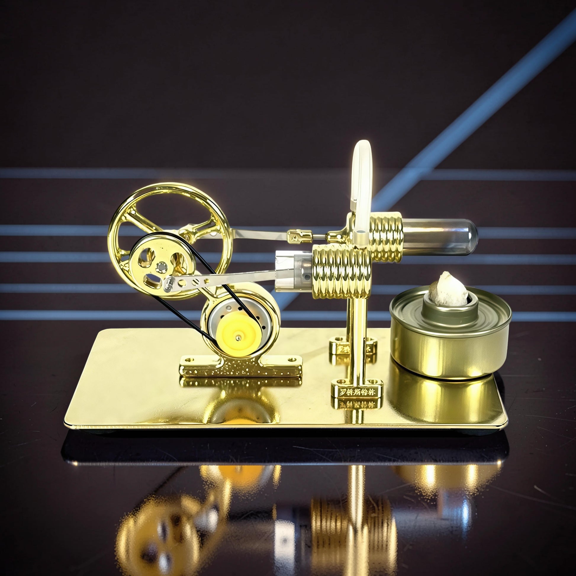 The Curious Mind Classic Stirling Engine DIY Kit, a polished gold metal model with a flywheel, belt, and heat source.