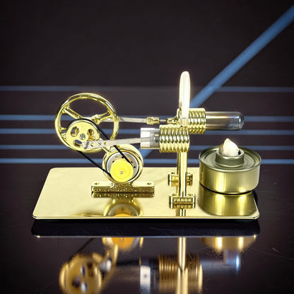 The Curious Mind Classic Stirling Engine DIY Kit, a polished gold metal model with a flywheel, belt, and heat source.