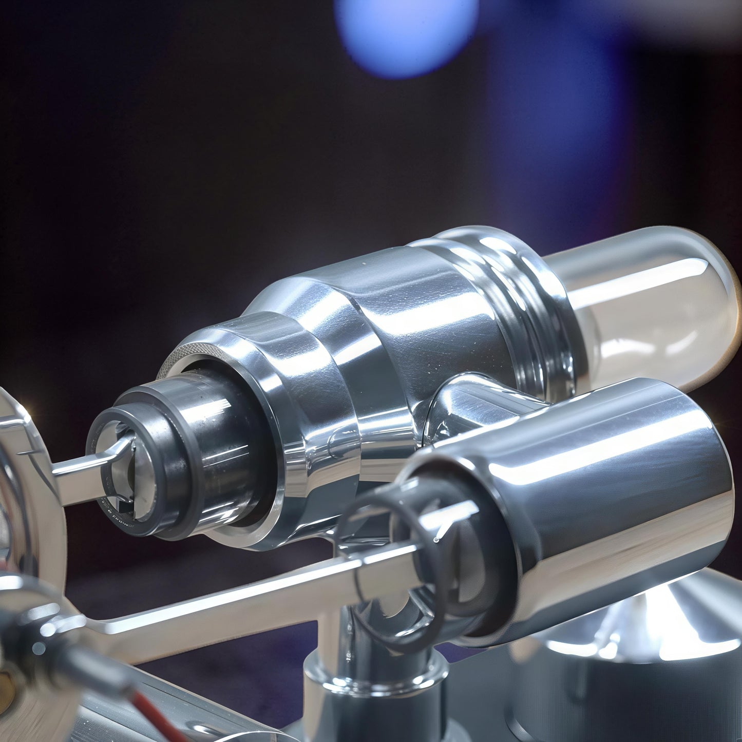 The Curious Mind mirror-polished metal Stirling engine with voltmeter and USB ports, featuring intricate mechanical parts and a glass cylinder.