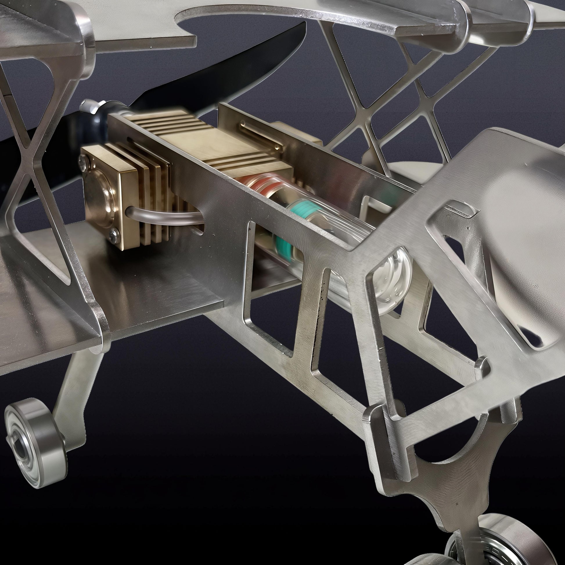 The Curious Mind Stirling Engine Model Aircraft, a detailed metal desktop display model with visible mechanical parts and a propeller.