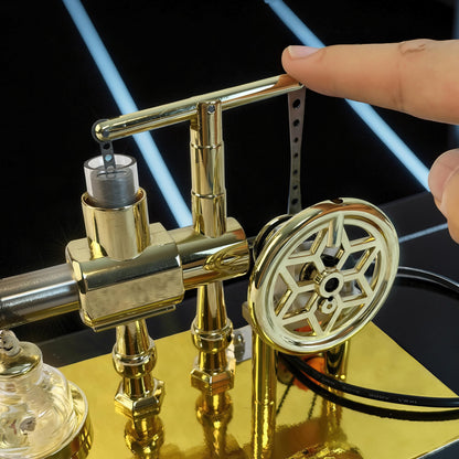 The Curious Mind Stirling Engine Model, a polished gold metal mechanical model with a flywheel and LED light, demonstrating engineering principles.
