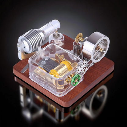 The Curious Mind Stirling Engine Music Box with metal, wood, and quartz glass construction. Features visible mechanical movement and gears.
