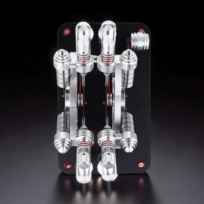 The Curious Mind Stirling Engine V4 Display Model, a metal mechanical model with red accents and visible pistons, on a black base.
