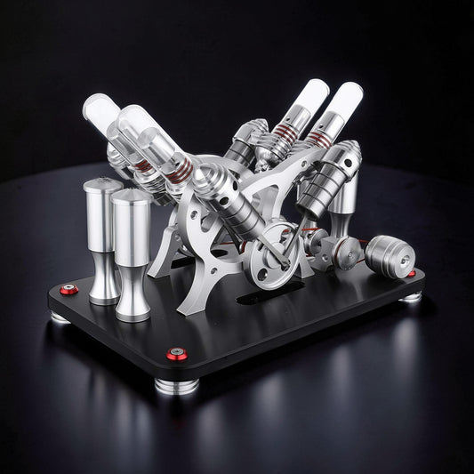 The Curious Mind Stirling Engine V4 Display Model, a metal mechanical model with four cylinders and intricate moving parts, ideal for desktop display and engineering enthusiasts.