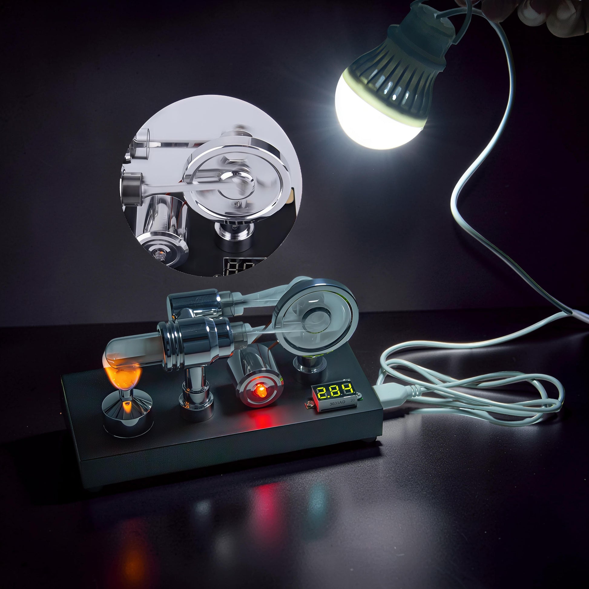 The Curious Mind mirror-polished metal Stirling engine with voltmeter and USB, powering an LED bulb.