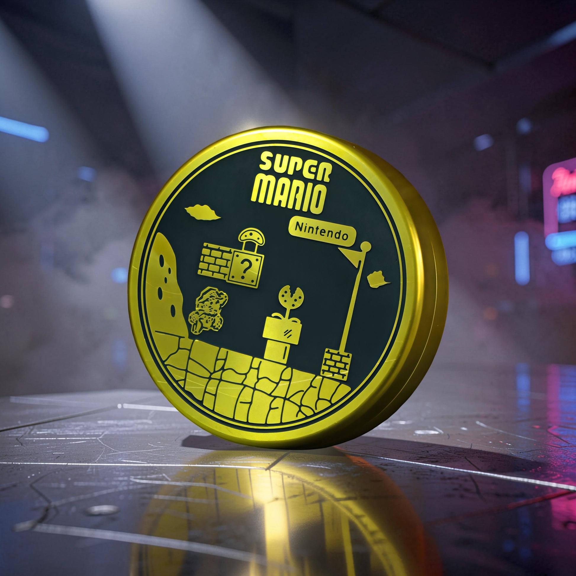 The Curious Mind Blacksmith Pop Coin Clicker, a gold and black metal fidget toy with Super Mario Nintendo design, featuring Mario, a question mark block, and a Piranha Plant.