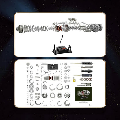 The Curious Mind T700 Turboshaft Engine DIY Kit exploded view and components. Metal aviation powerplant model.