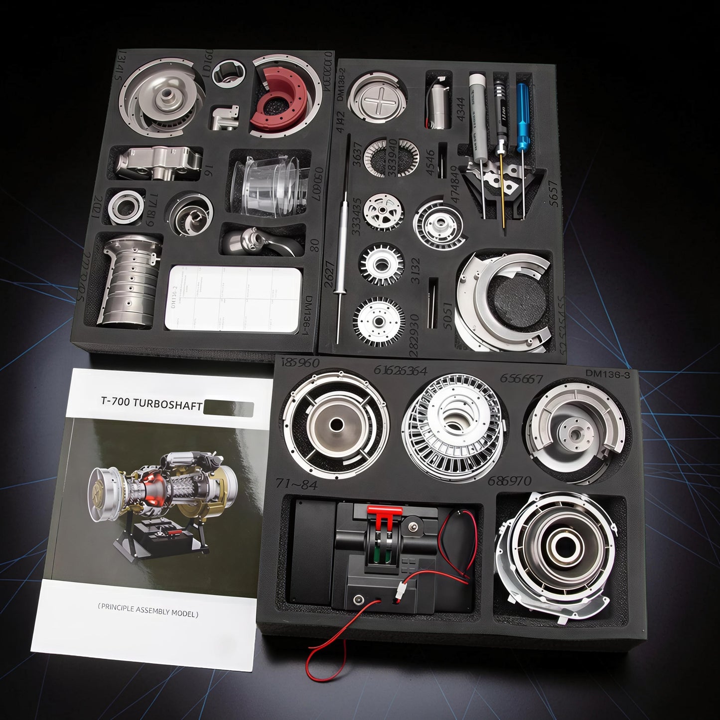 The Curious Mind T700 Turboshaft Engine DIY Kit includes metal engine parts, assembly manual, and tools for building a detailed aviation powerplant model.
