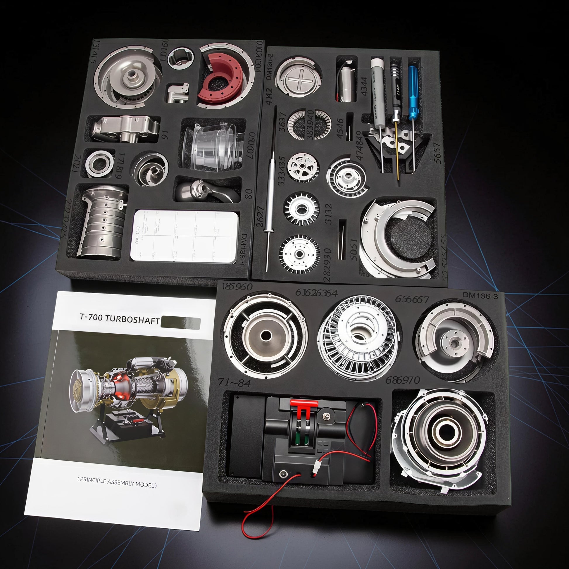 The Curious Mind T700 Turboshaft Engine DIY Kit includes metal engine parts, assembly manual, and tools for building a detailed aviation powerplant model.