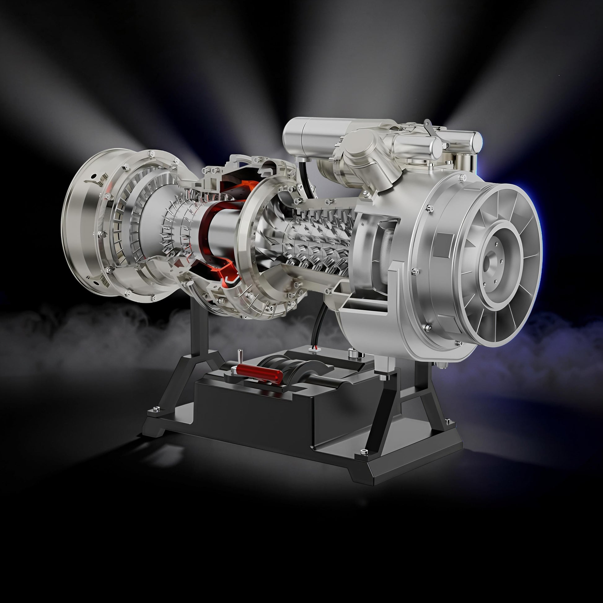 The Curious Mind T700 Turboshaft Engine DIY Kit, a detailed metal model powerplant with cutaway view showing internal components.