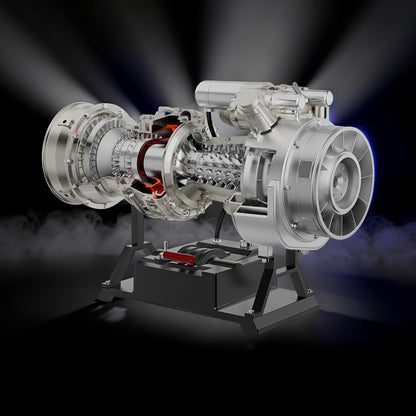 The Curious Mind T700 Turboshaft Engine DIY Kit, a detailed metal model powerplant with cutaway view showing internal components.
