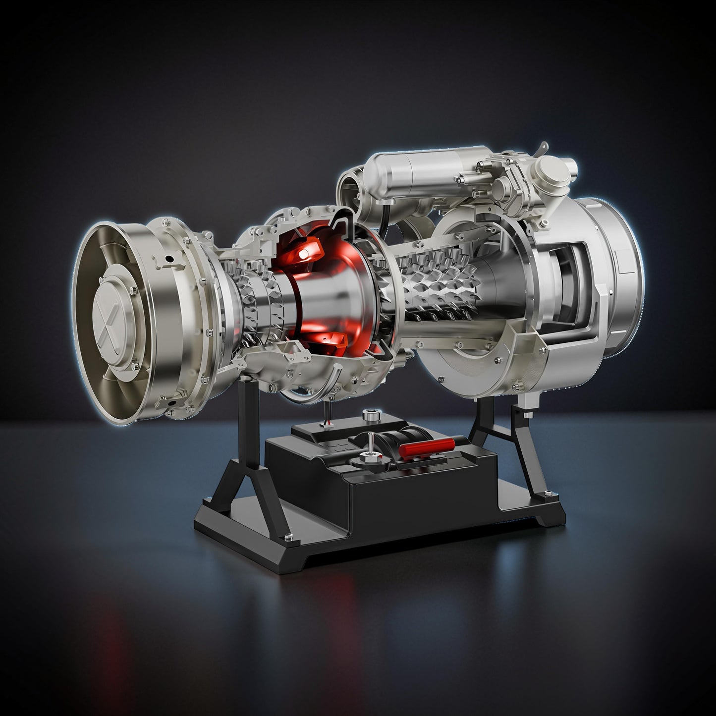 The Curious Mind T700 Turboshaft Engine DIY Kit, a detailed metal model with illuminated core, displayed on a stand.
