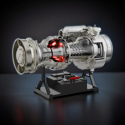 The Curious Mind T700 Turboshaft Engine DIY Kit, a detailed metal model with illuminated core, displayed on a stand.