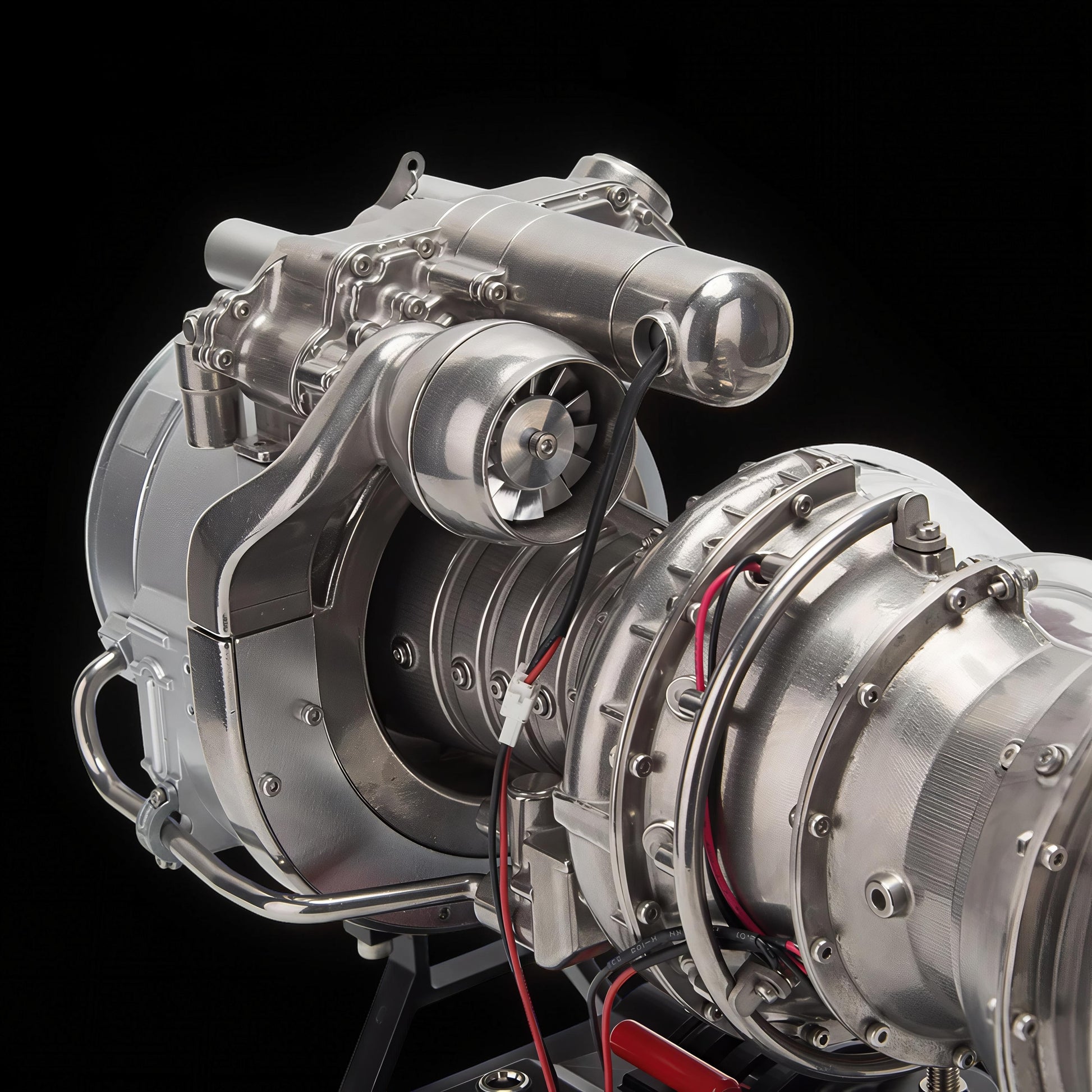 The Curious Mind T700 Turboshaft Engine DIY Kit, a detailed metal model powerplant with visible turbines and wiring, presented on a black background.