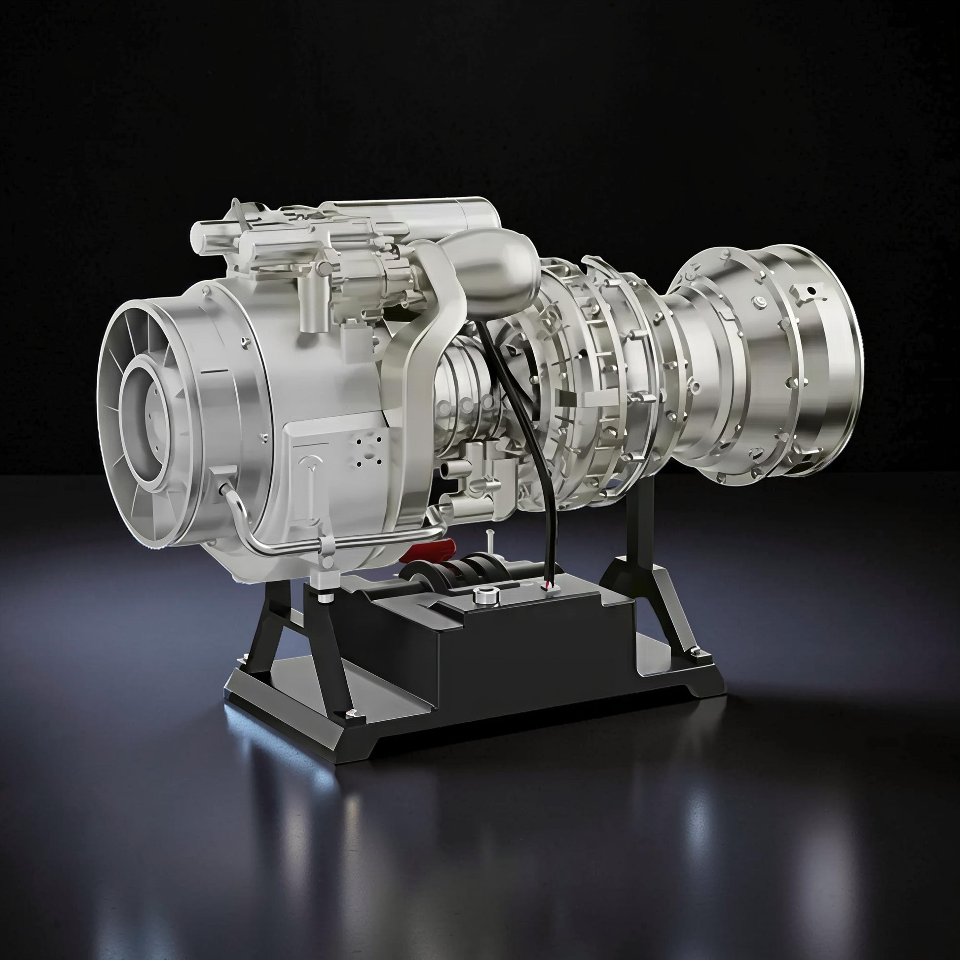 The Curious Mind T700 turboshaft engine model kit, a detailed metal replica on a black display stand.