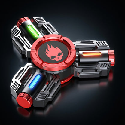 The Curious Mind Tactical Tri-Blade Glow Spinner features a mechanical design with red, blue, and green glowing accents and a skull logo.