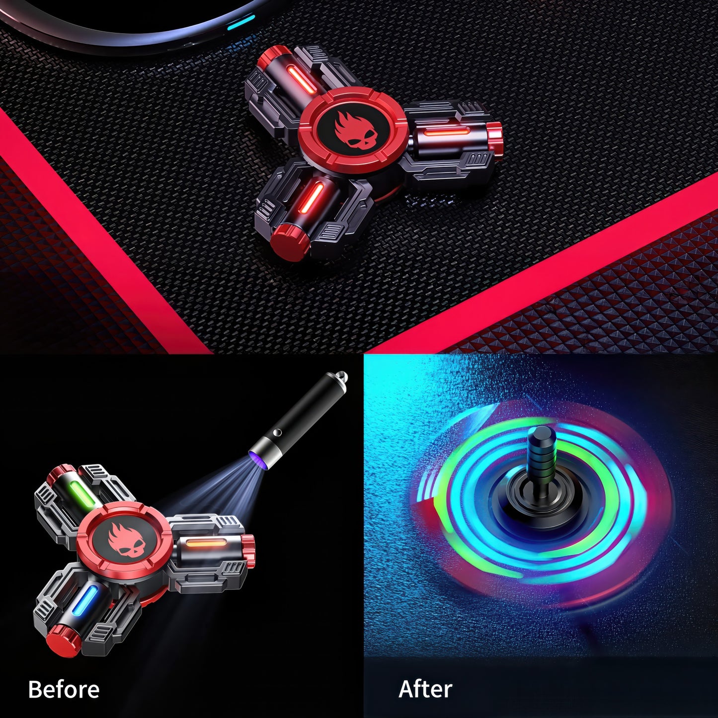 The Curious Mind tactical tri-blade spinner with mechanical styling, red skull logo, and glow-strip accents. Includes accessories.