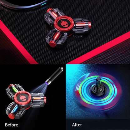 The Curious Mind tactical tri-blade spinner with mechanical styling, red skull logo, and glow-strip accents. Includes accessories.