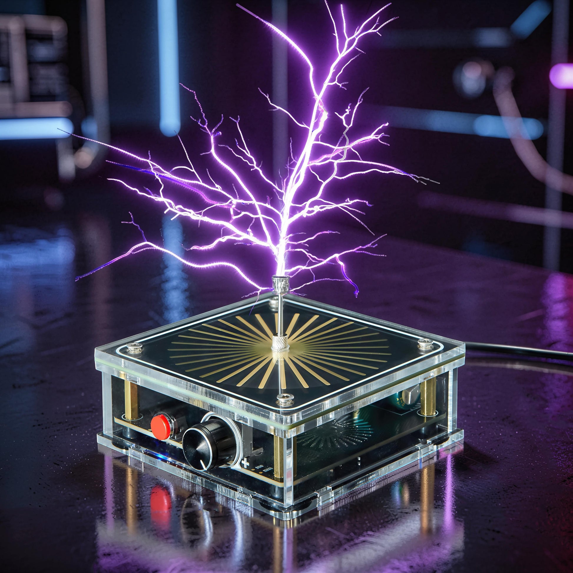 The Curious Mind Tesla Coil TC10 Plus plasma lamp with purple lightning arcs emanating from a central point on a clear acrylic base with gold accents.