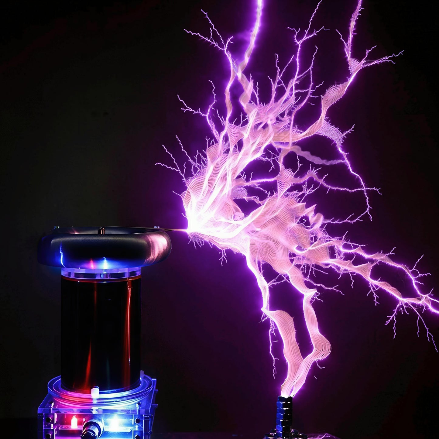 The Curious Mind Tesla Coil TC20 Plasma Science Lamp with purple lightning discharges against a dark background.