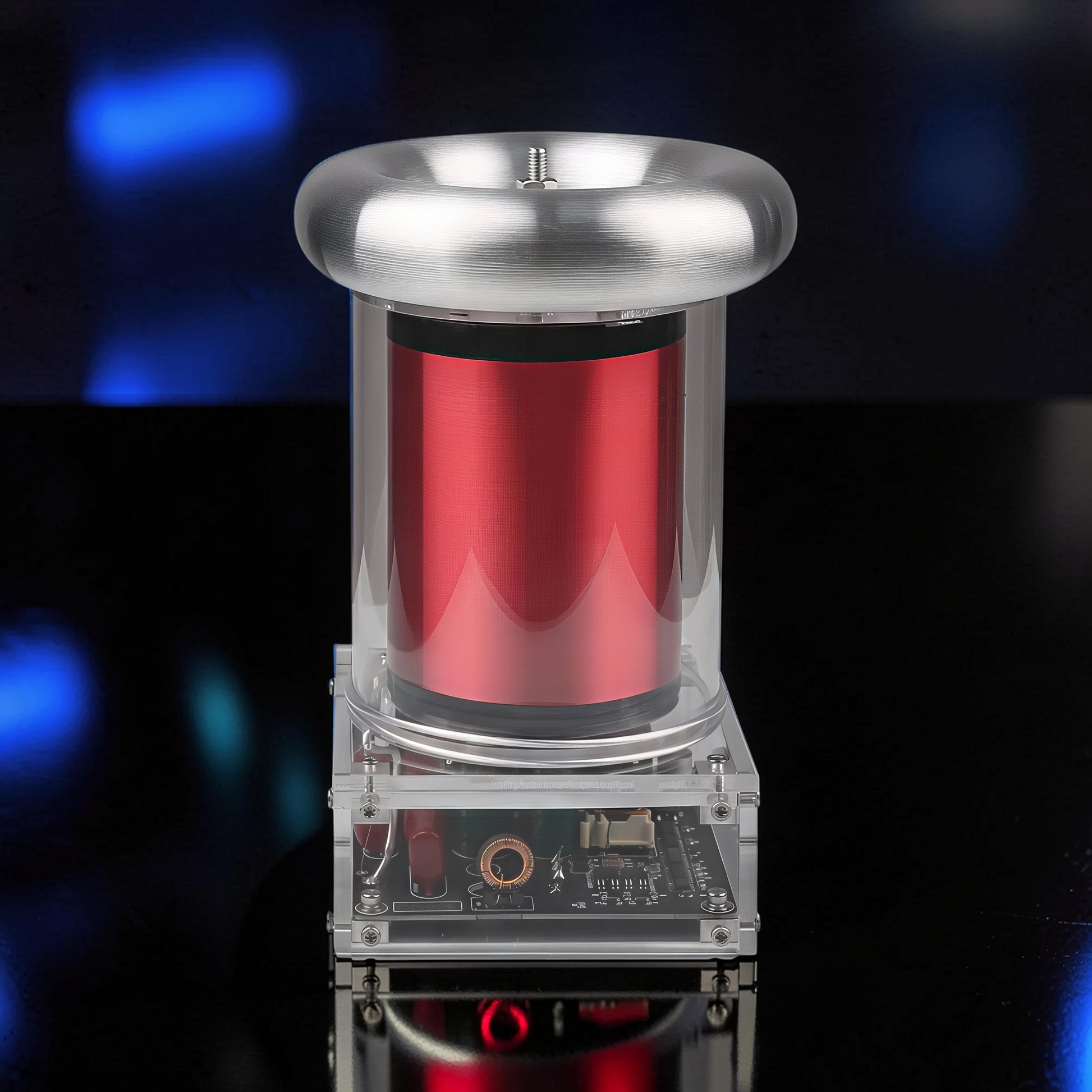 The Curious Mind Tesla Coil TC20 Plasma Science Lamp with silver top, red coil, and clear casing.
