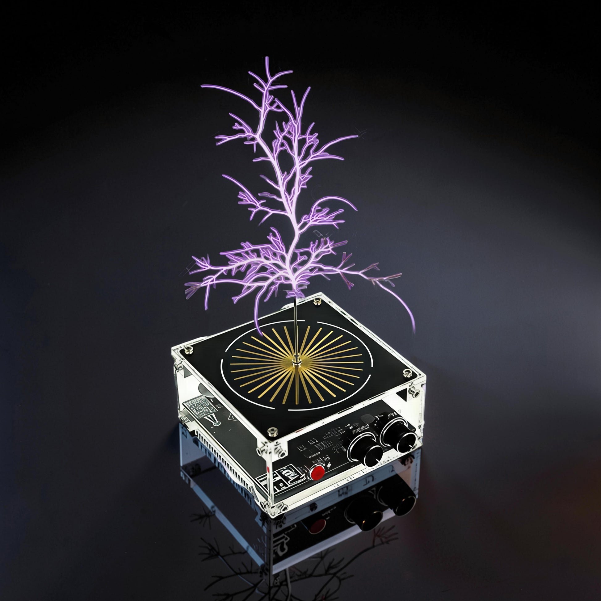 The Curious Mind Tesla Coil TC10 Plus plasma lamp with purple lightning discharges, metal and ABS construction.