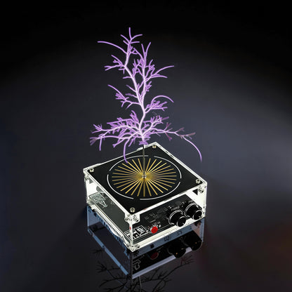 The Curious Mind Tesla Coil TC10 Plus plasma lamp with purple lightning discharges, metal and ABS construction.