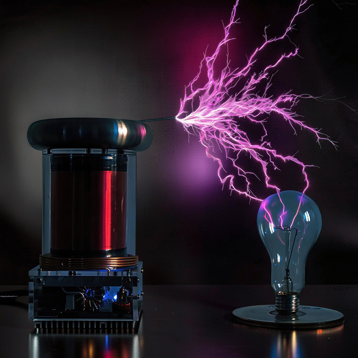 The Curious Mind Tesla Coil TC20 Plasma Science Lamp with purple lightning arcs and a glowing lightbulb.