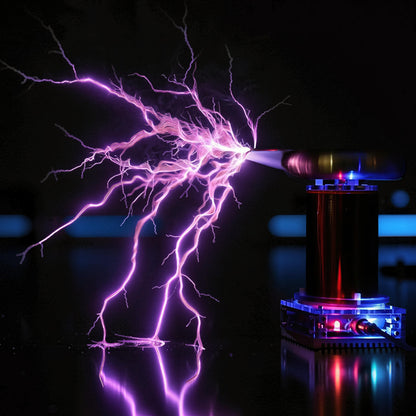 The Curious Mind Tesla Coil TC20 Plasma Science Lamp with purple lightning discharges, metal and ABS construction.