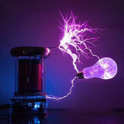 The Curious Mind Tesla Coil TC20 Plasma Science Lamp with purple lightning arcs connecting to a lightbulb.