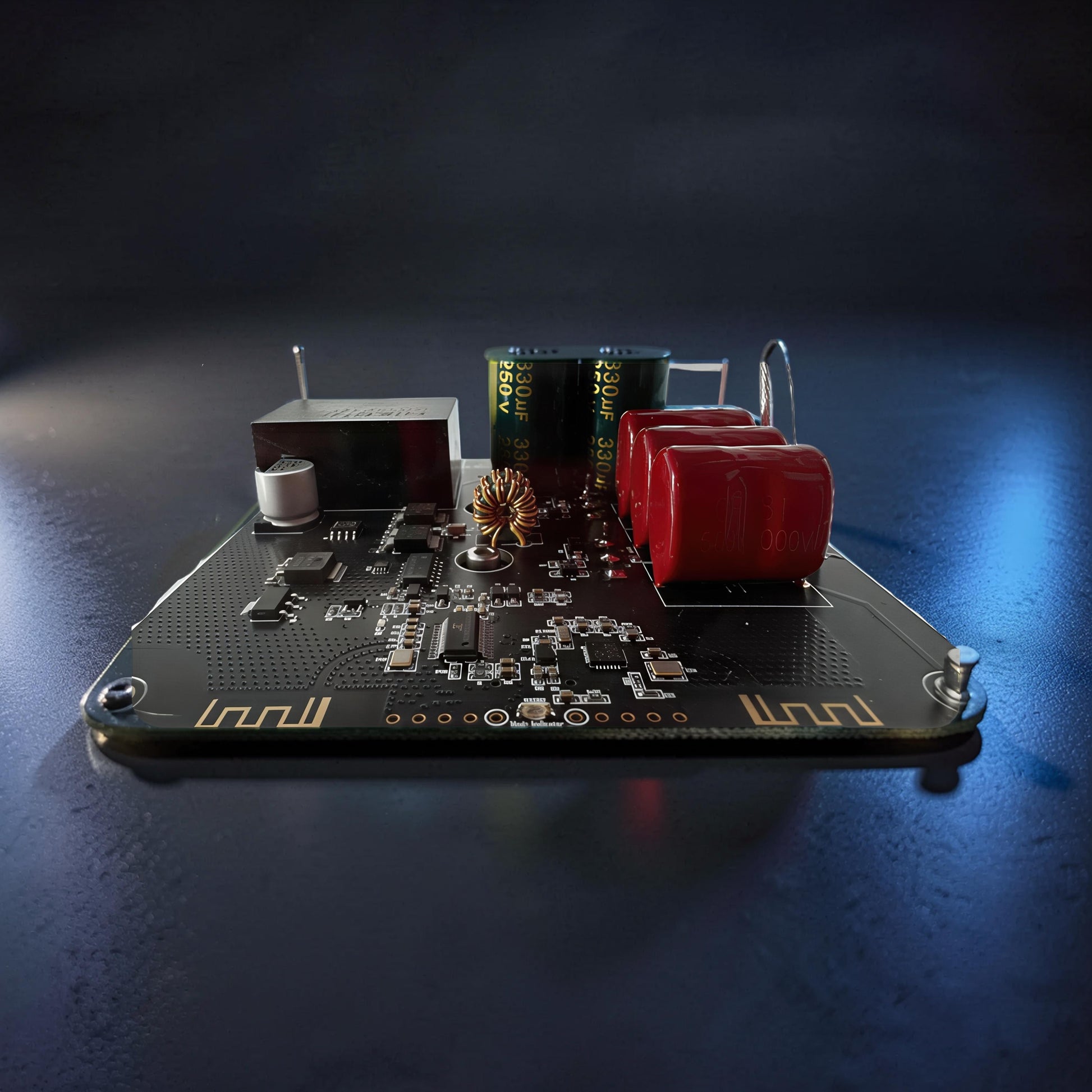 The Curious Mind Tesla Coil TC20 Plasma Science Lamp circuit board with red and green capacitors, gold inductor, and black casing.