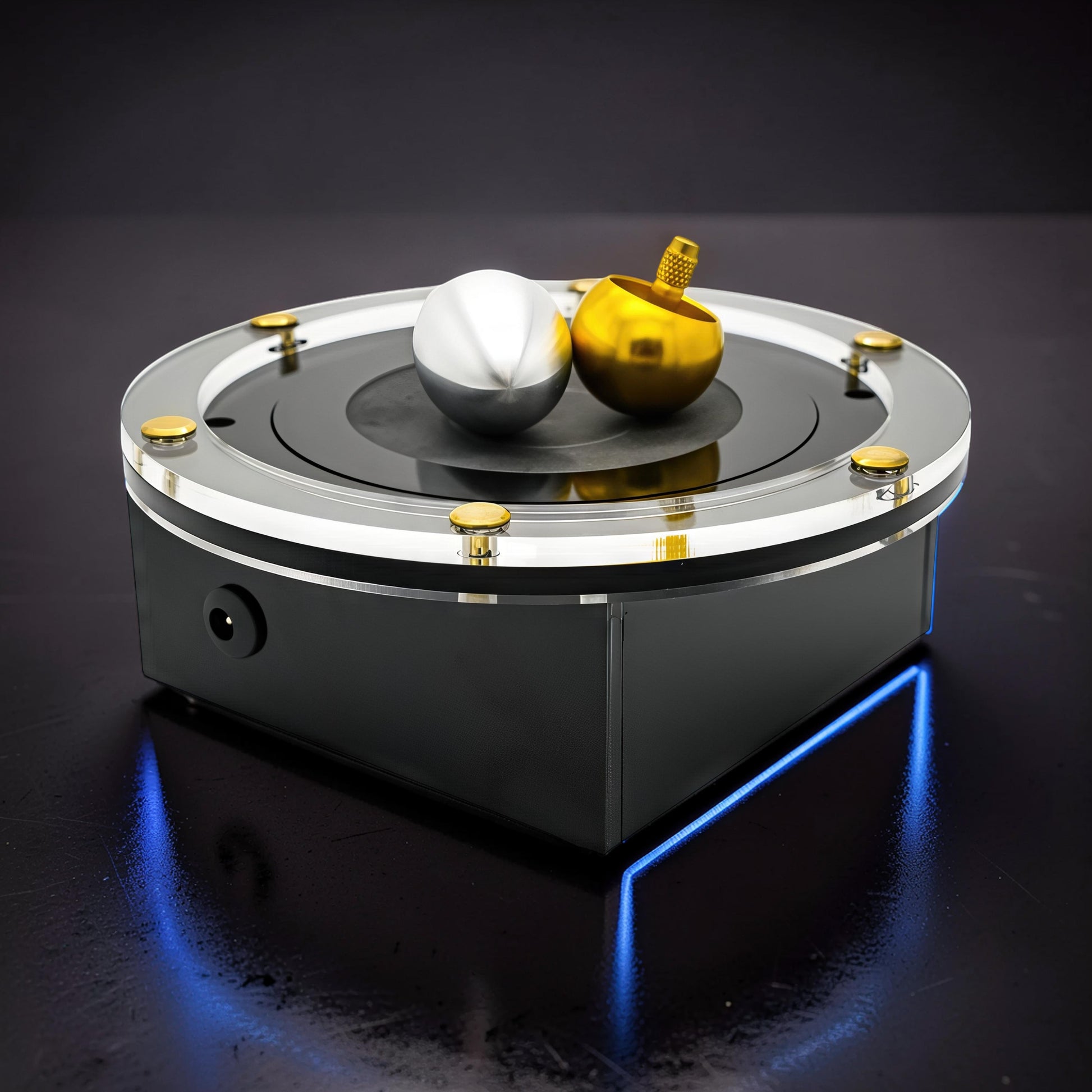The Curious Mind Tesla Columbus Eggs Experiment Set with silver and gold spinning tops on a black base with blue LED lighting.