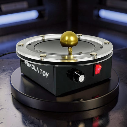 The Curious Mind Tesla Columbus Eggs Experiment Set, a black metal and plastic interactive physics display with a gold sphere on top, a red switch, and a black dial.
