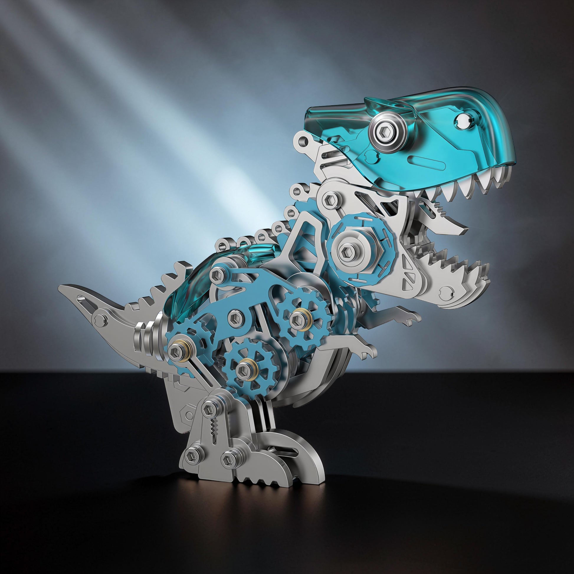 The Curious Mind's T-Rex 3D metal model kit with intricate gears and blue translucent accents.
