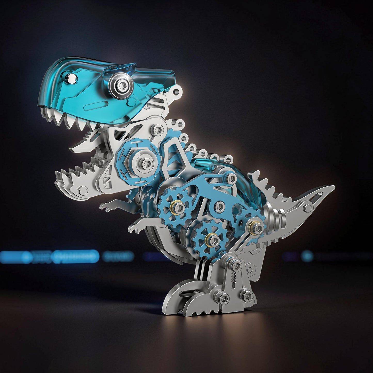 The Curious Mind T-Rex 3D metal model kit with blue translucent parts and visible gears. Steampunk design.