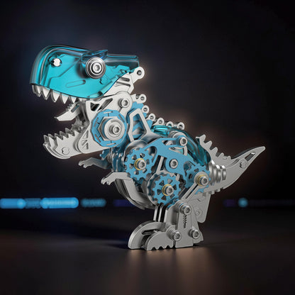 The Curious Mind T-Rex 3D metal model kit with blue translucent parts and visible gears. Steampunk design.