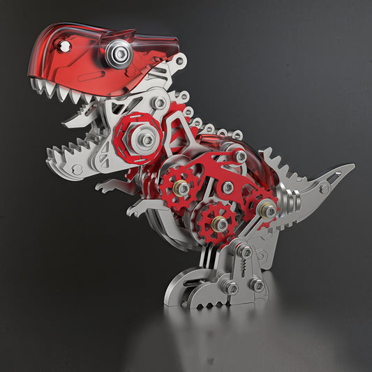The Curious Mind T-Rex 3D metal model kit with red accents and visible gears. Steampunk design, intricate metal construction.