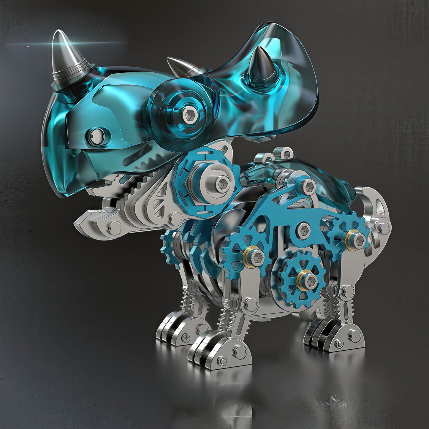The Curious Mind Triceratops 3D metal model kit with blue translucent head and silver metal body with visible gears.