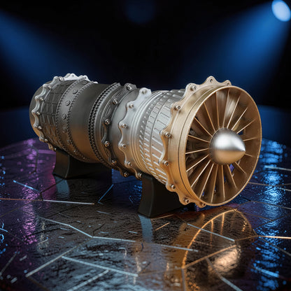 The Curious Mind WS-15 Fighter Turbofan DIY Kit model, featuring intricate details in silver, black, and gold PLA.