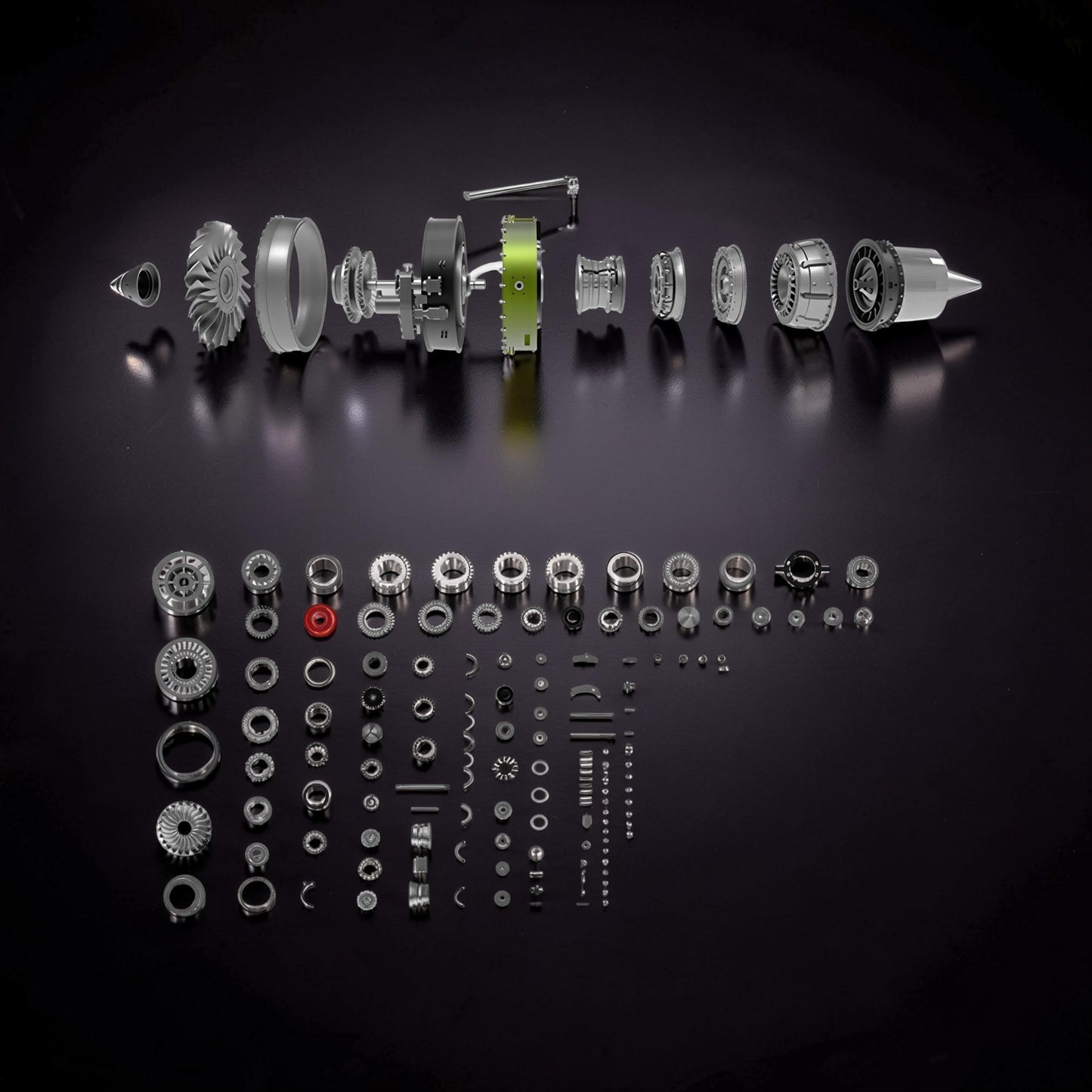 The Curious Mind Large Turbofan Engine DIY Kit, metal aviation build model parts laid out.
